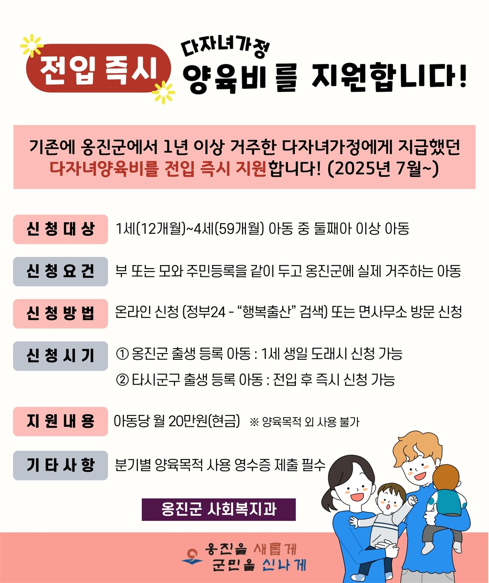 옹진군, 7월부터 다자녀가정 전입 즉시 양육비 지급!