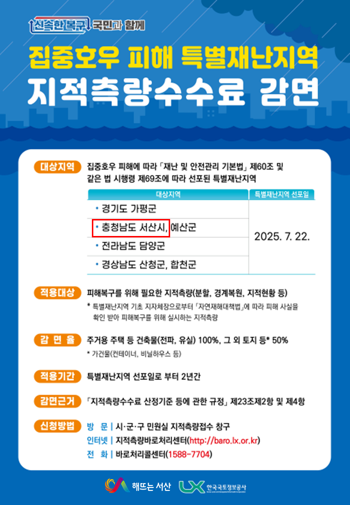 서산시, 집중호우 피해 복구 지역 지적측량 수수료 감면