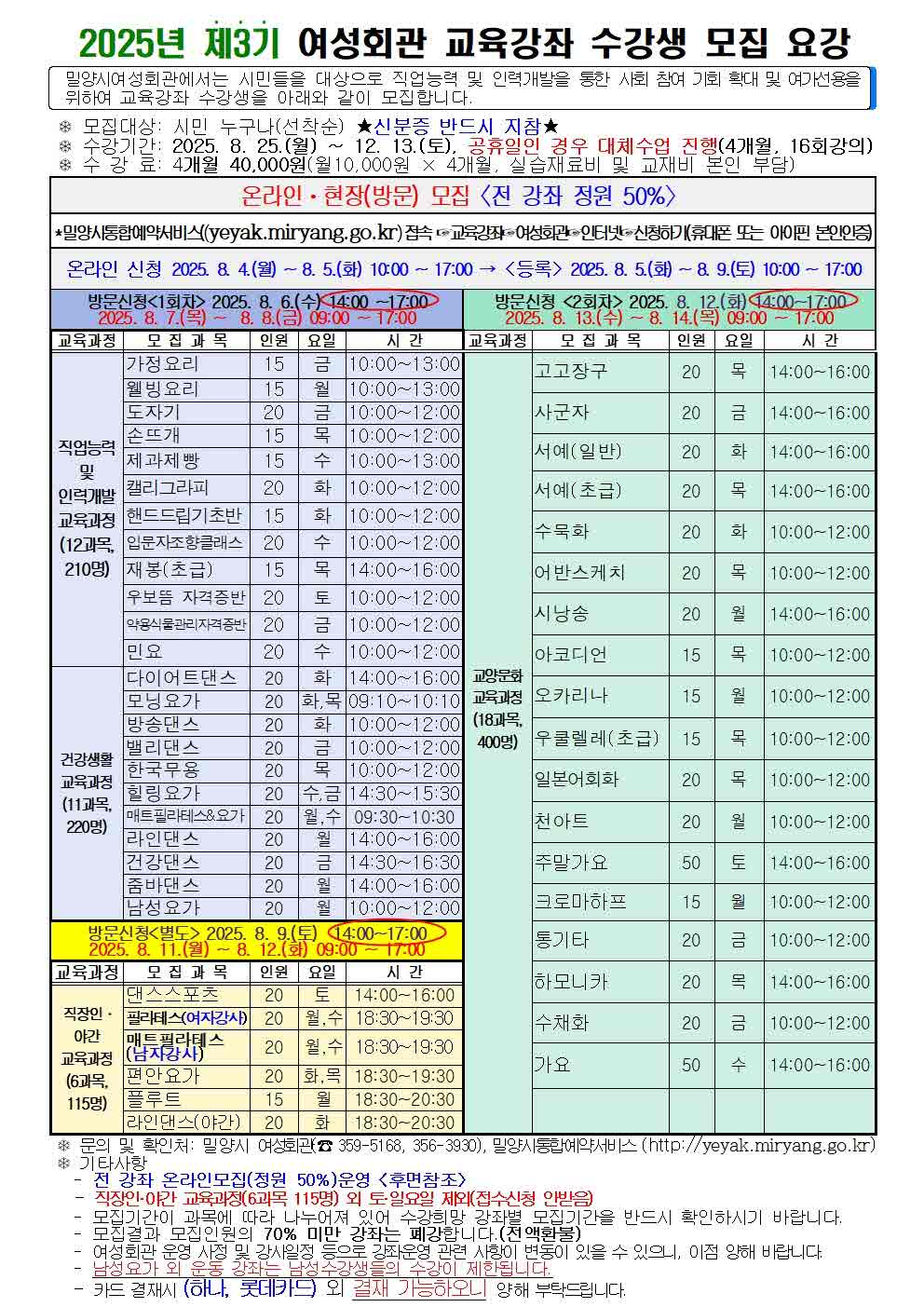 밀양시, 여성회관 제3기 교육강좌 수강생 모집