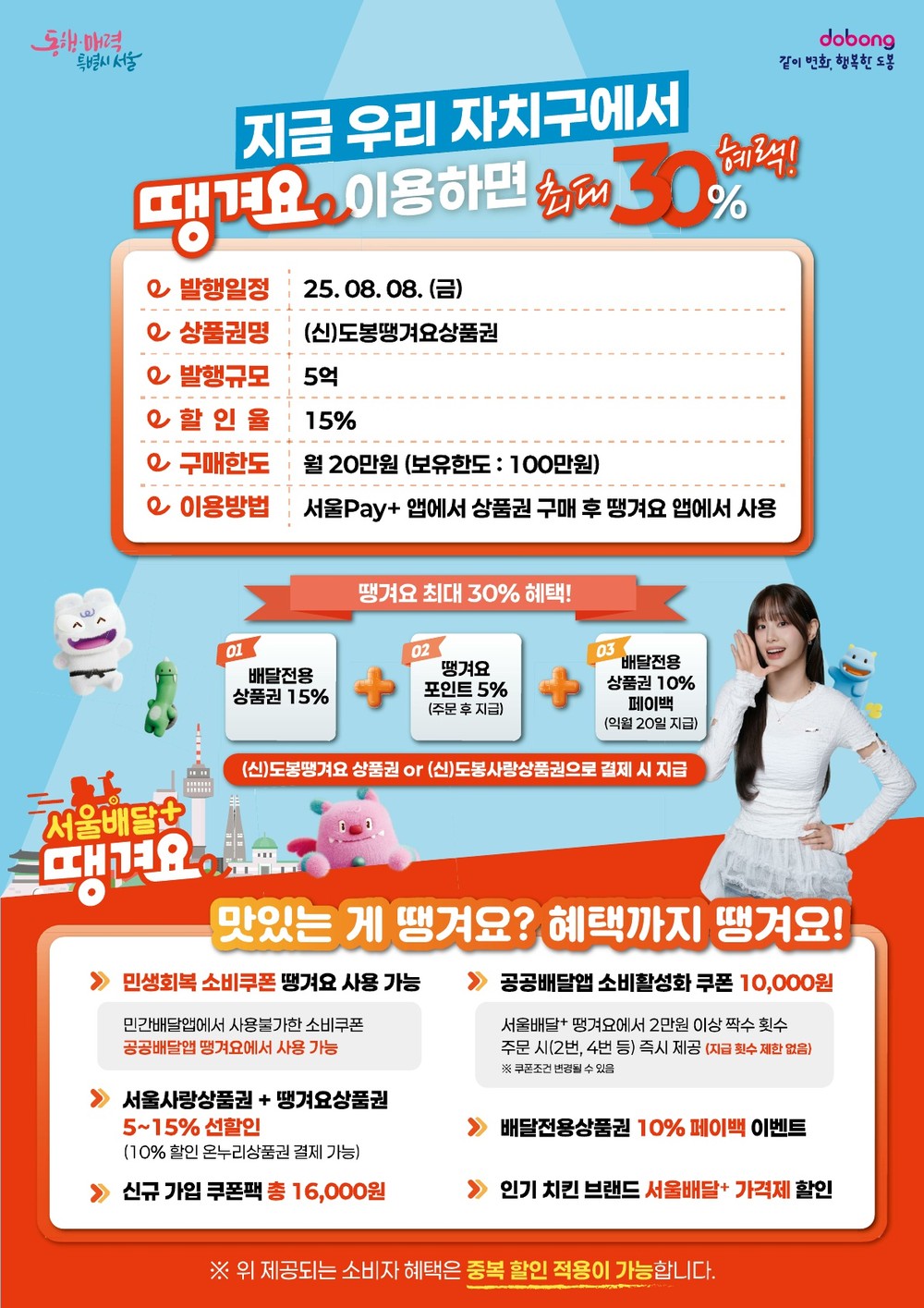 ‘도봉땡겨요상품권’ 15% 할인 발행, 1인당 월 20만 원까지