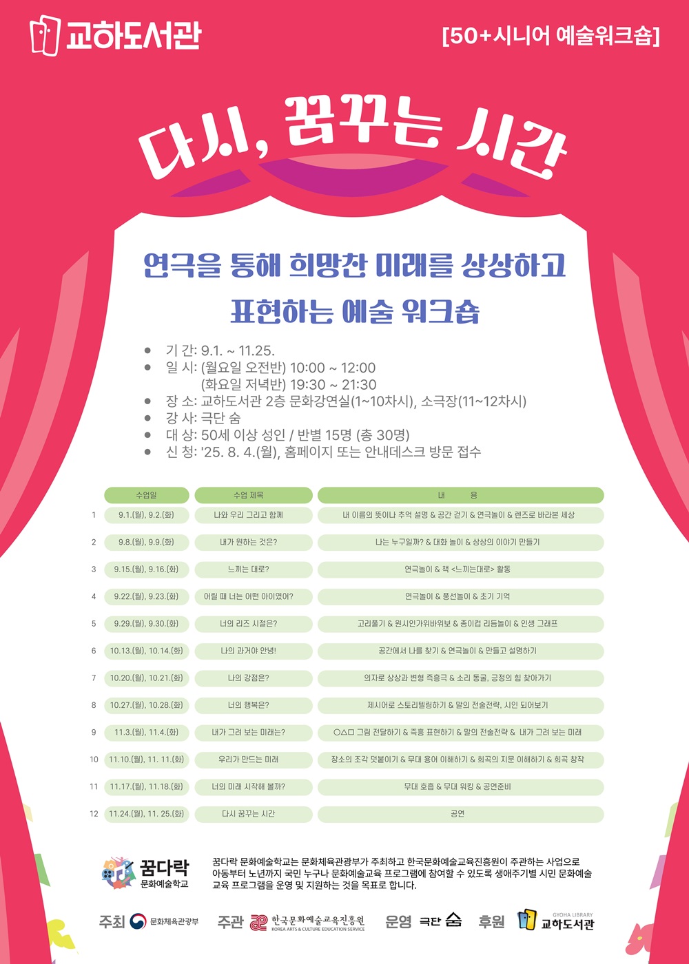 ‘은퇴 이후의 삶, 연극으로 다시 피어나다’… 파주 교하도서관, 50세 이상 성인 대상 연극 수업 참가자 모집
