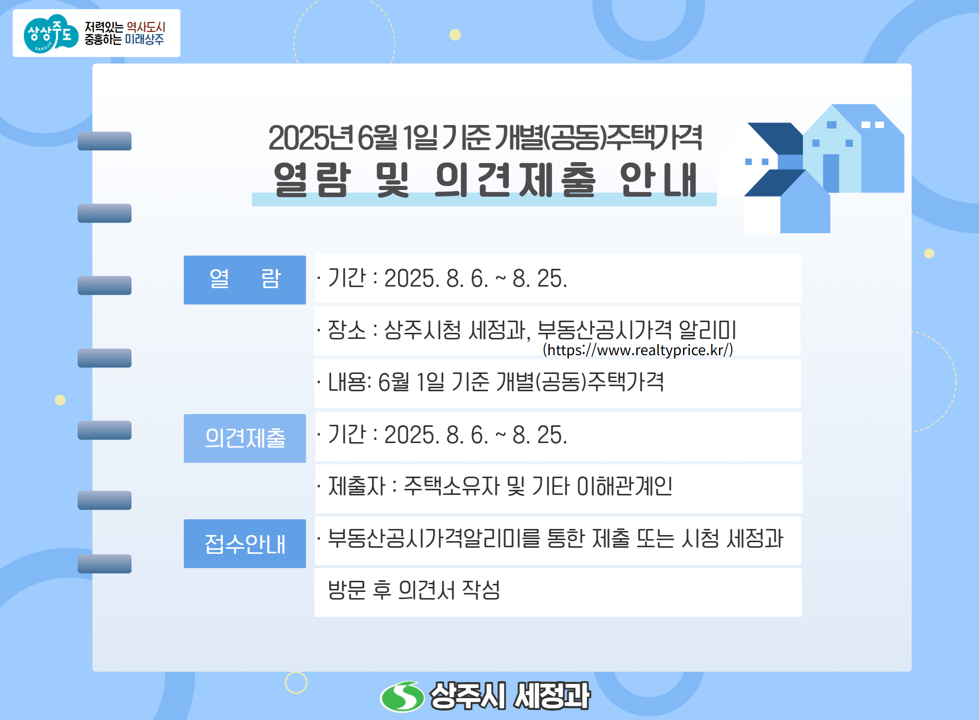 상주시, 2025년 6월 1일 기준 개별(공동)주택가격 열람 및 의견접수 실시