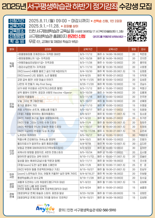인천 서구평생학습관, 2025년 하반기 프로그램 학습자 모집