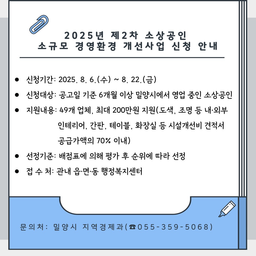 밀양시, 2025년 하반기 소상공인 맞춤형 지원사업 추진