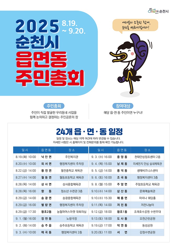 순천시, 2025년 읍면동 주민총회 오는 19일부터 본격 개최