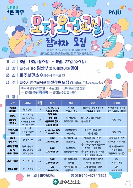 파주보건소, 하반기 모자보건교실 참여자 모집