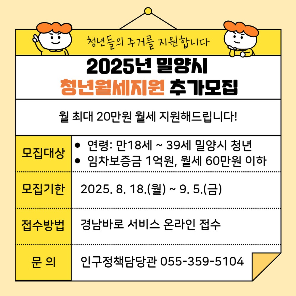 밀양시, 청년 월세 지원사업 15명 추가 모집