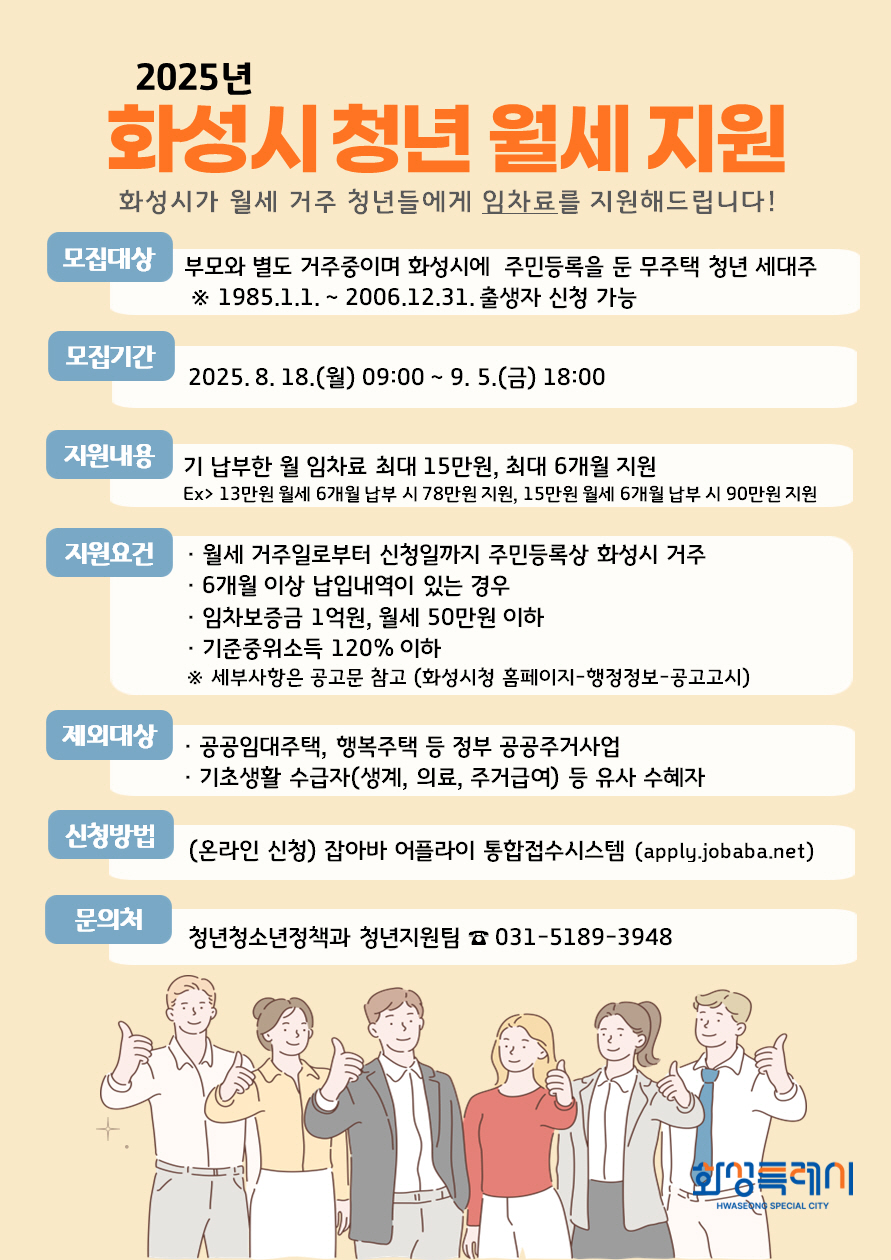 화성특례시, 하반기 청년 월세 지원 사업 신청자 모집