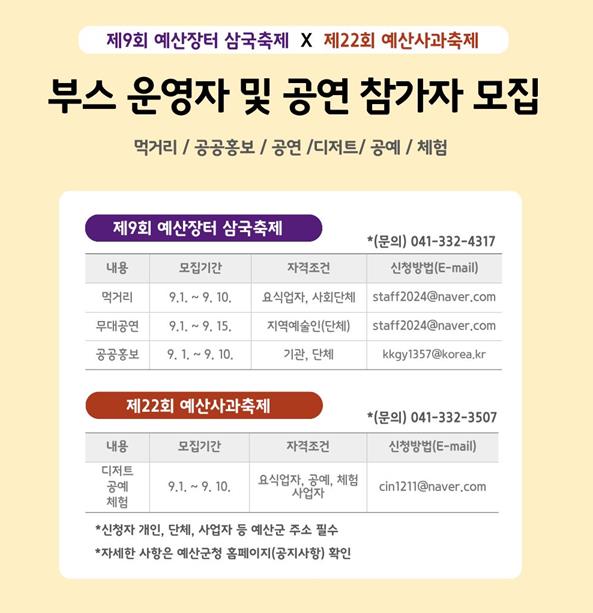예산군, 제9회 예산장터삼국축제·제22회 예산사과축제 참가자 모집 시작!
