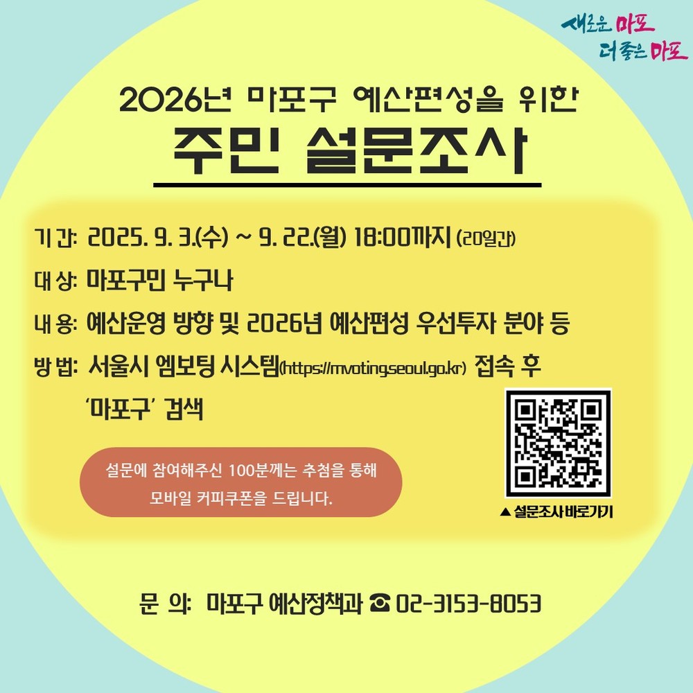 2026년 예산편성, 주민 의견 듣는다… 마포구, 9월 22일까지 설문조사 실시