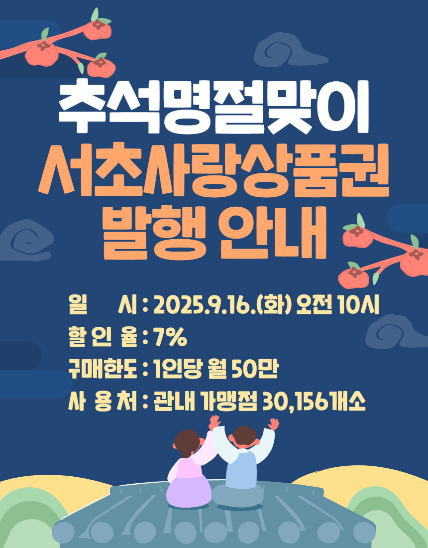 주민 장바구니 부담‘확’던다! 서초구, 추석 맞아 '서초사랑상품권' 7% 특별할인해 100억원 발행