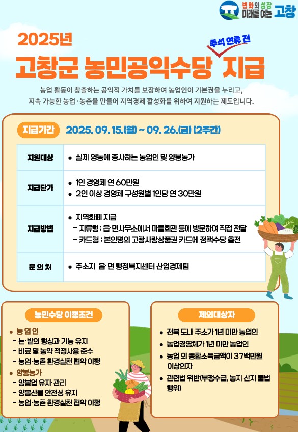 고창군 ‘농민 공익수당’ 찾아가는 행정서비스로 추석 명절 전 지급