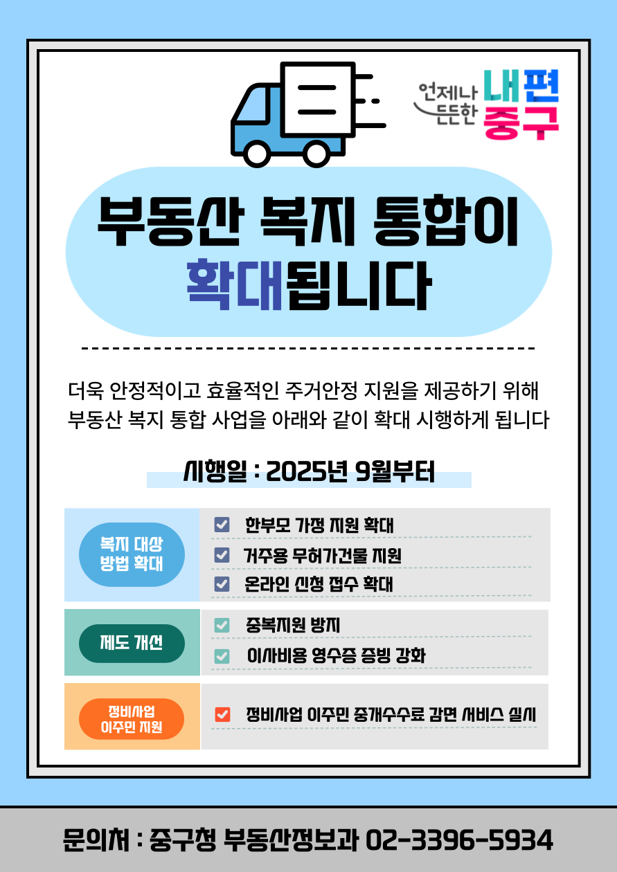 중구, 한부모·무허가건물 거주자에 중개수수료·이사비용 지원 확대