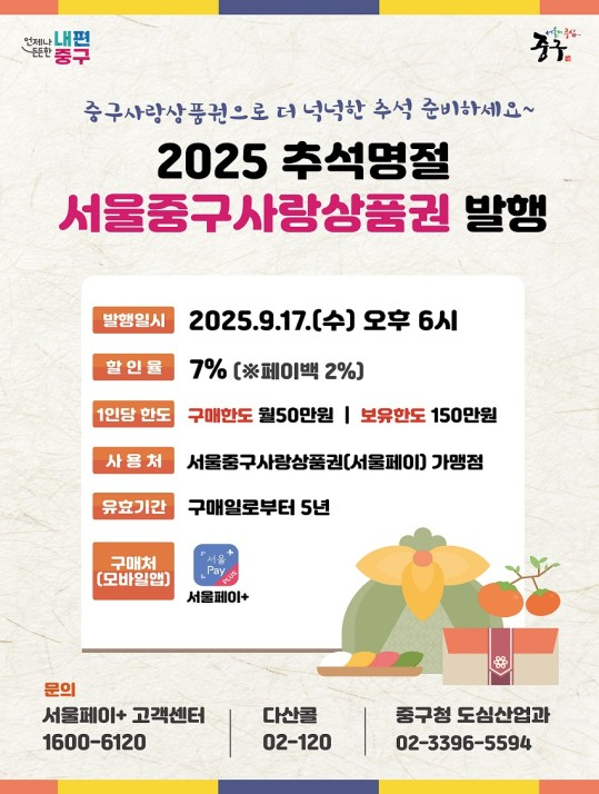 서울 중구, 추석맞이 ‘서울중구사랑상품권’ 30억 원 발행
