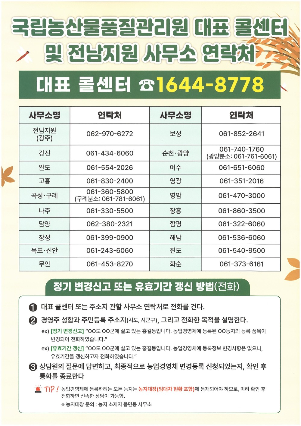 장흥농관원, 추계작물 정기 변경신고 접수
