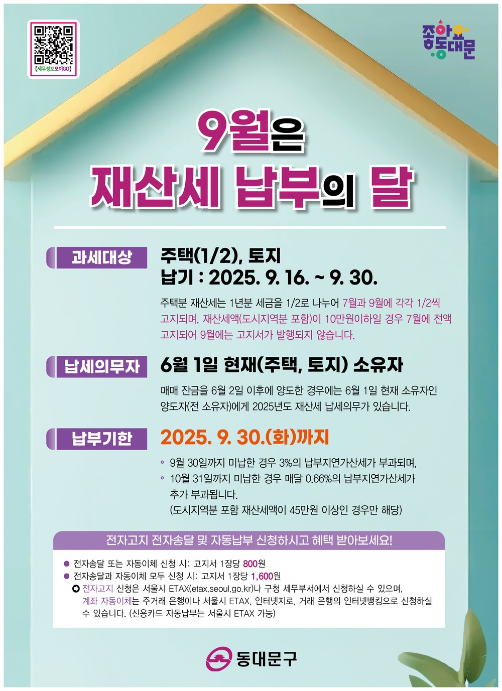 동대문구, 9월 정기분 재산세 부과