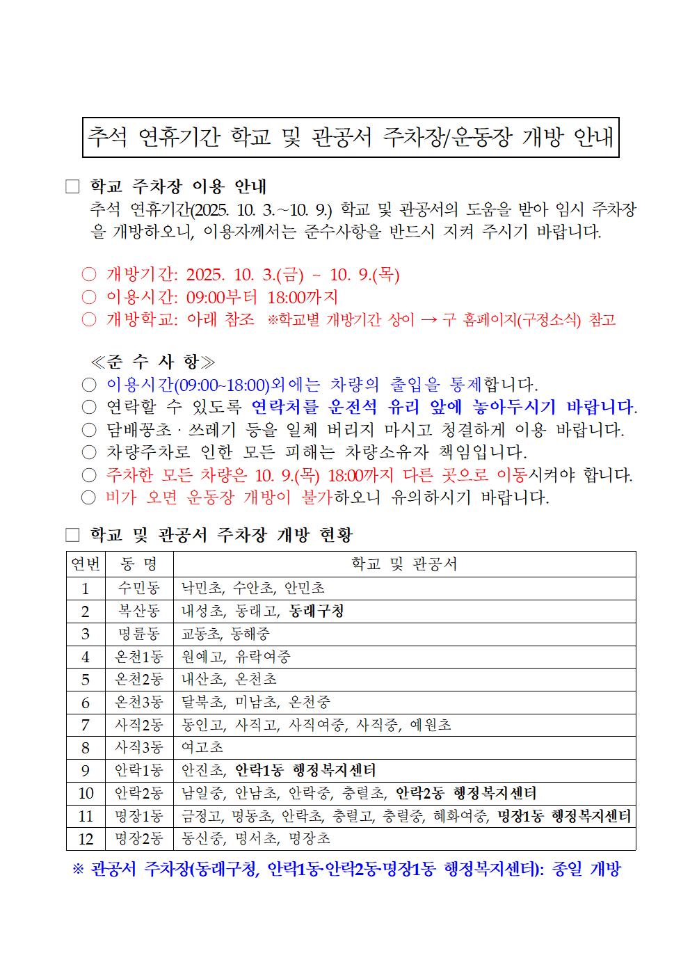 부산 동래구, 추석 연휴기간 학교 및 관공서 주차장 개방