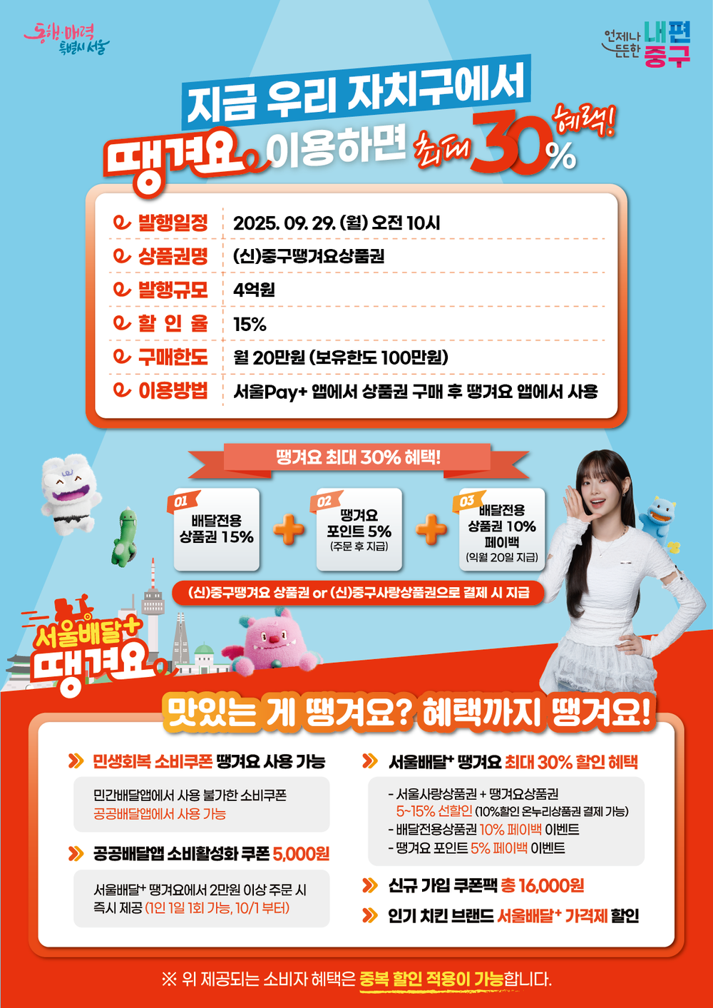 서울 중구, 9월 29일 4억원 규모 ‘중구땡겨요상품권’ 발행