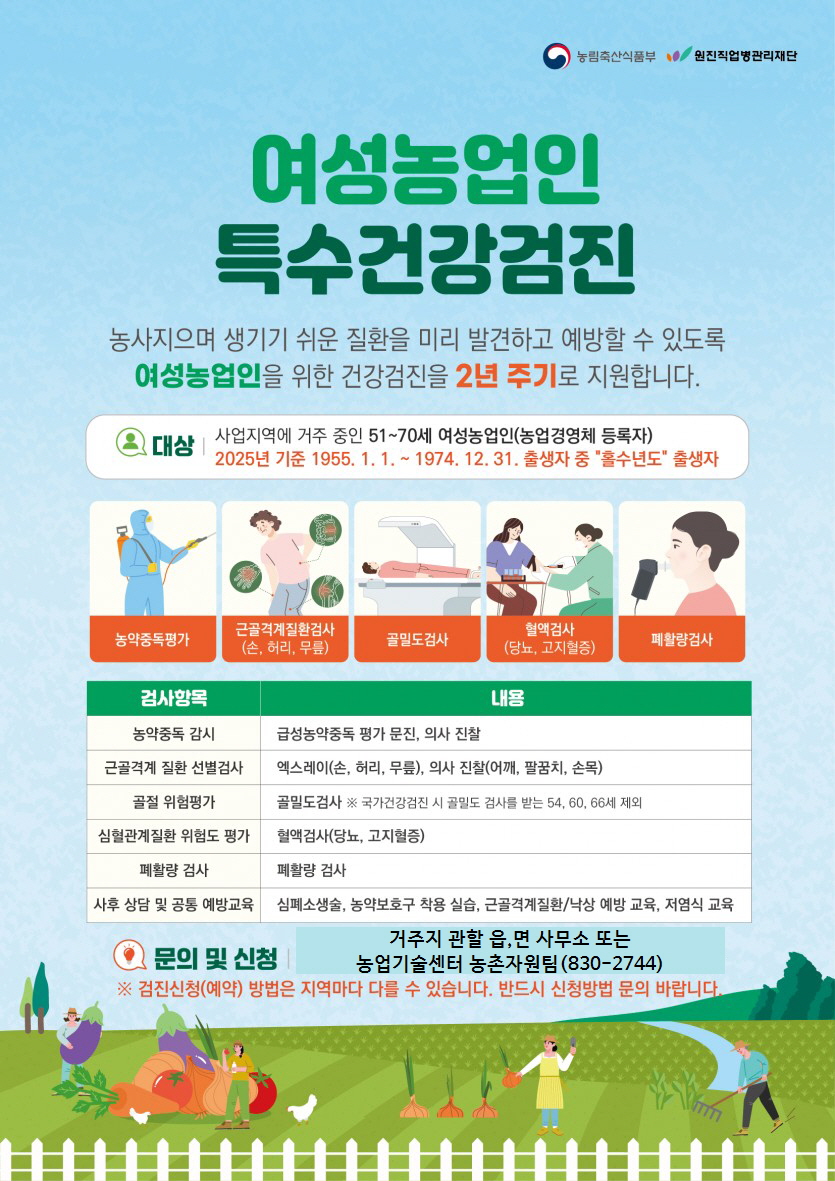 괴산군, ‘2025년 여성농업인 특수건강검진’ 추가 대상자 모집