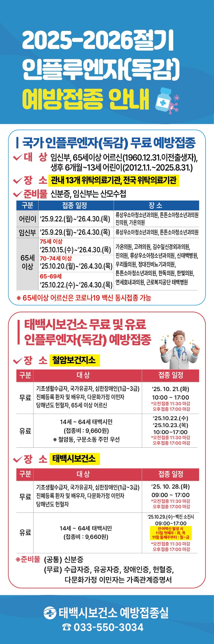태백시, 인플루엔자(독감) 예방접종 3주 앞당겨 실시