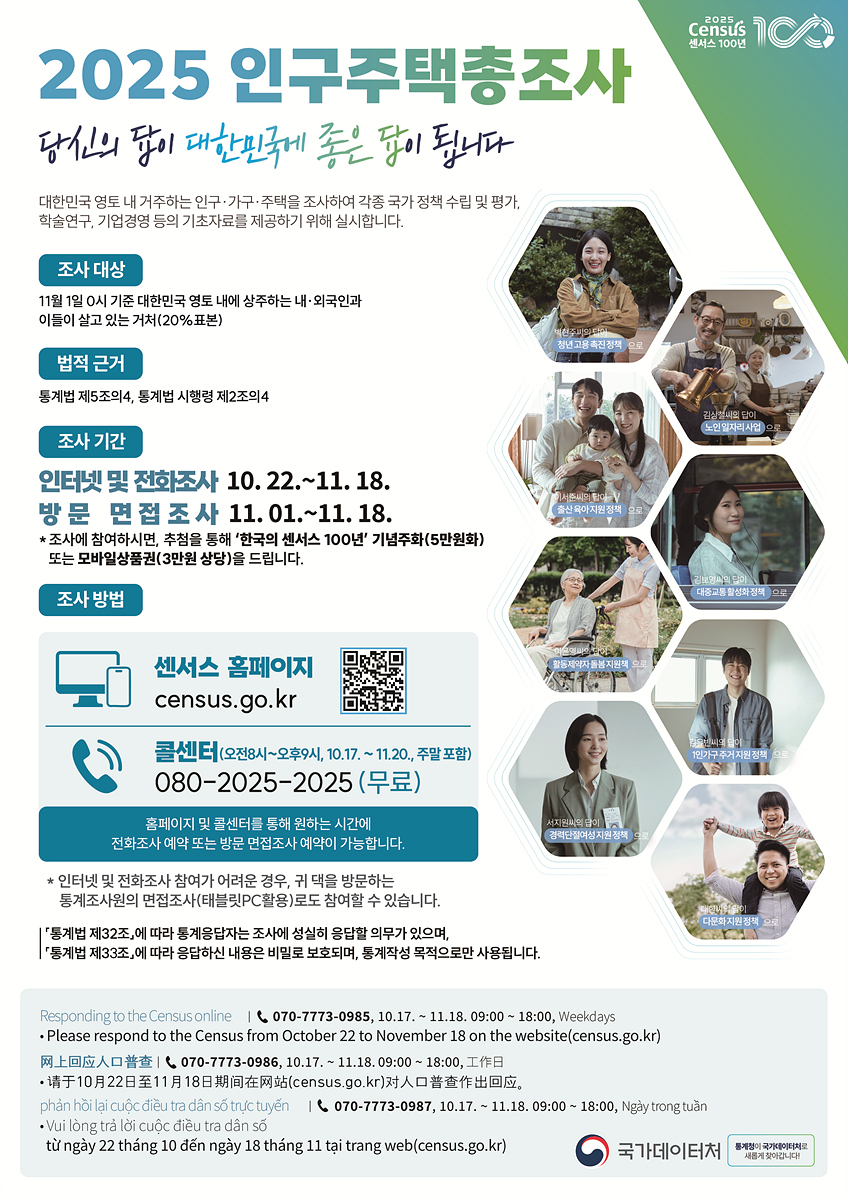 센서스 100년, '2025 인구주택총조사' 22일부터 실시