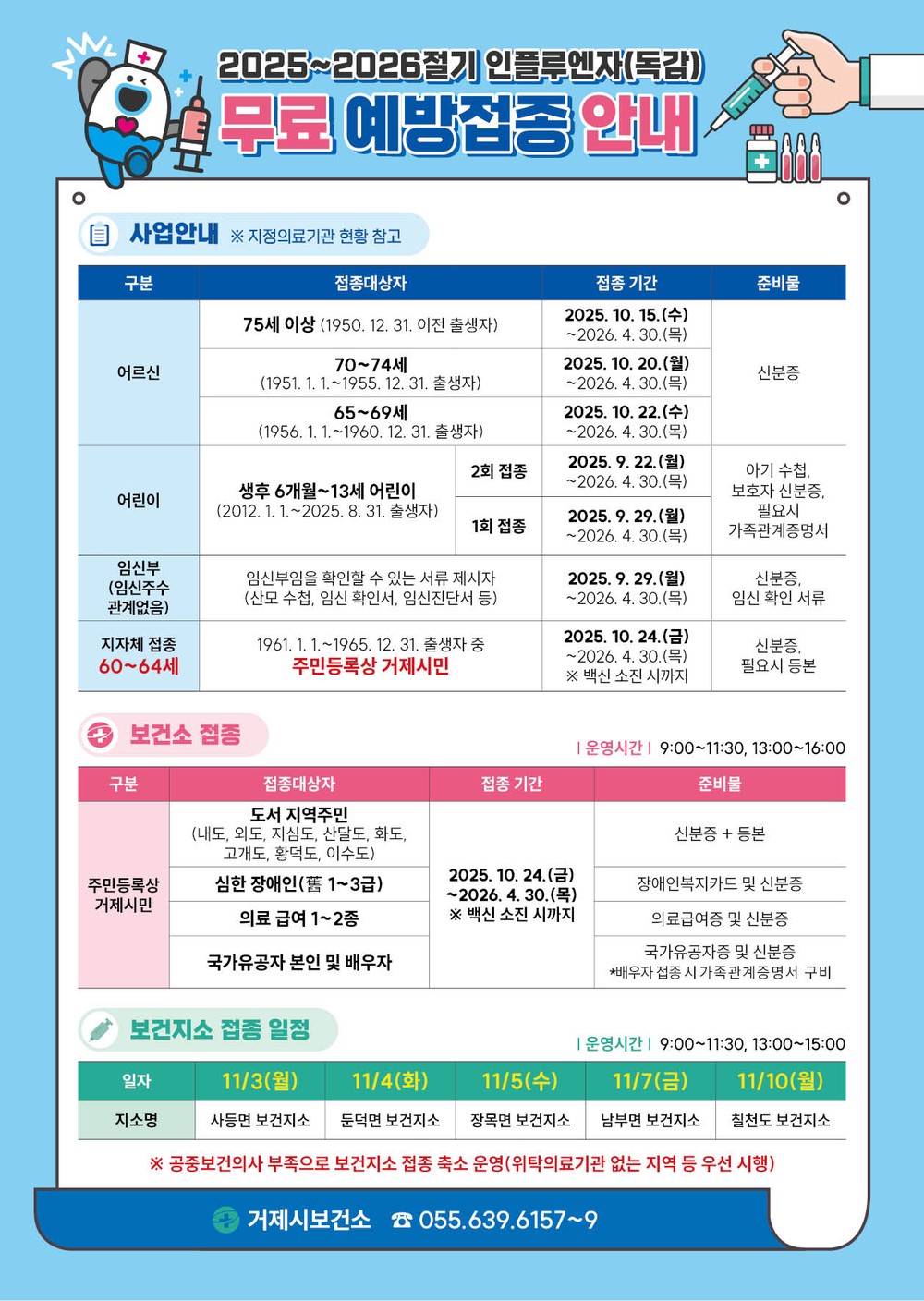 거제시, 65세 이상 어르신 대상 독감&코로나19 무료 접종 실시