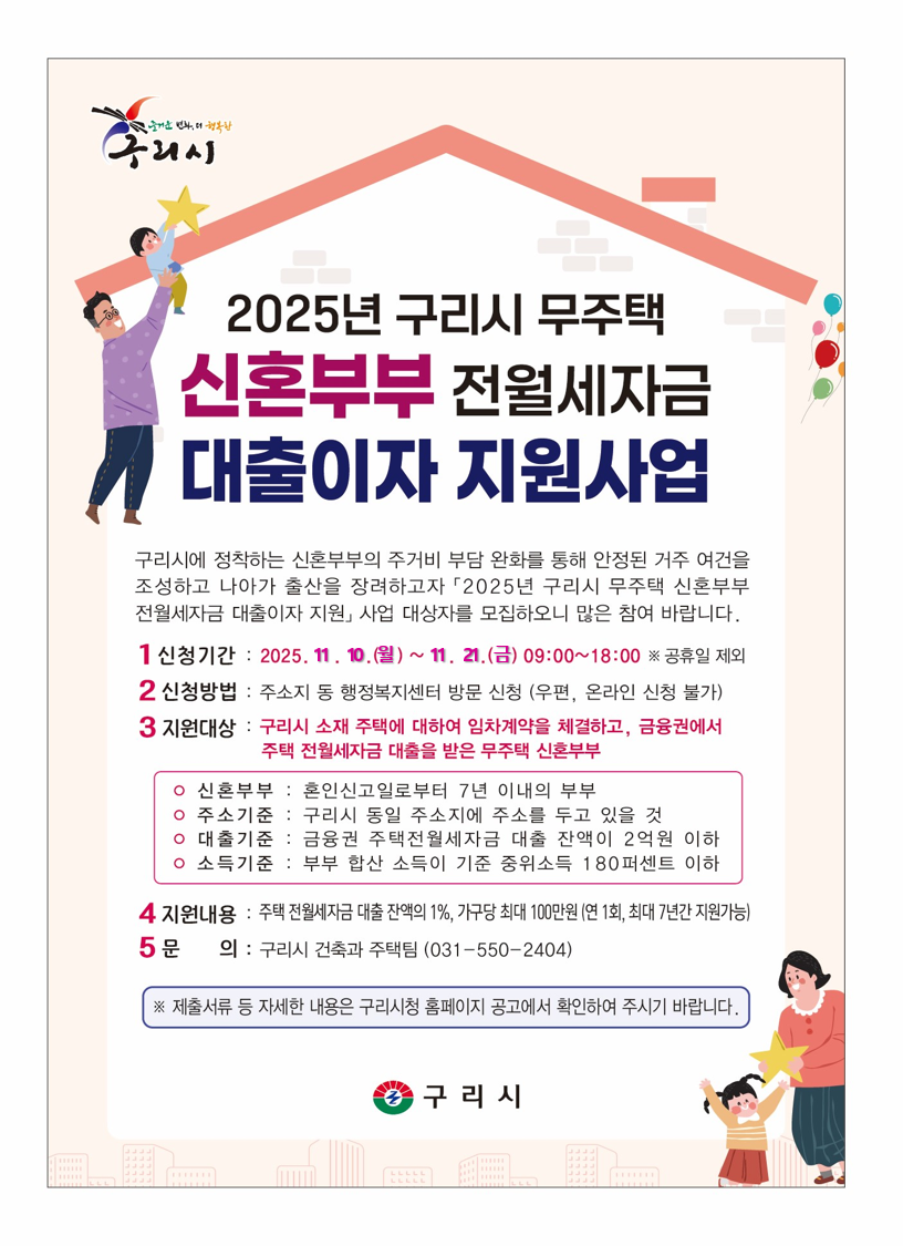 구리시, 무주택 신혼부부 주거 안정을 위해 대출이자 지원 나선다.