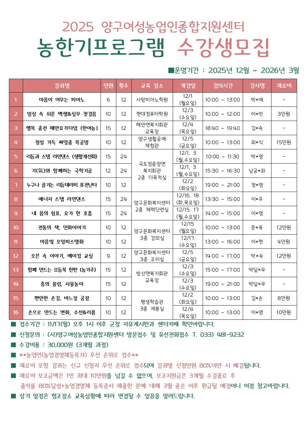 양구군, 농한기 맞아 여성농업인 대상 16개 강좌 운영