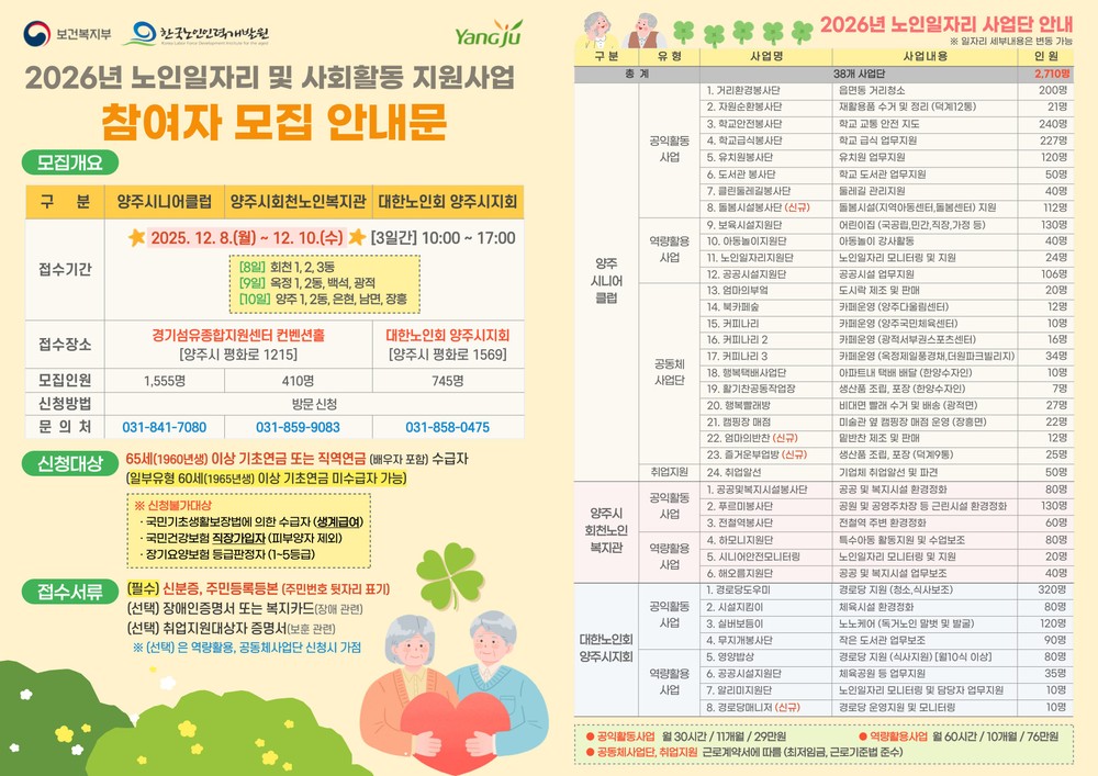 양주시, 2026년 노인일자리 및 사회활동 지원사업 참여자 2,710명 모집
