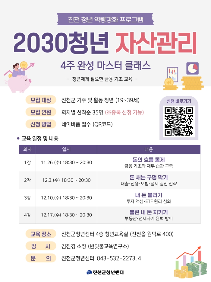 진천군 청년센터, 청년 자산관리 4주 완성 마스터 클래스 운영