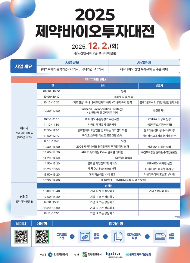 인천시, 12월 2일 송도컨벤시아서 ‘2025 제약바이오투자대전’ 개최