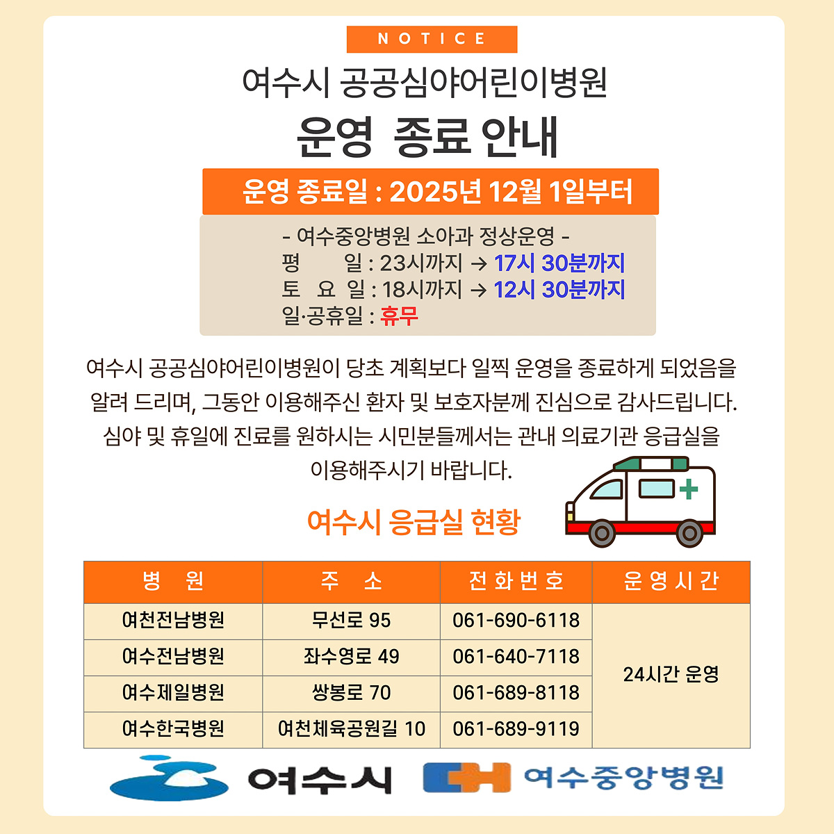 여수시 공공심야어린이병원, 12월 1일부터 운영 종료