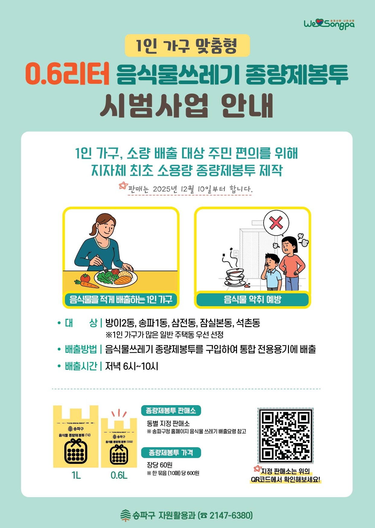 송파구, 전국 최초 0.6ℓ 음식물 봉투 시범운영