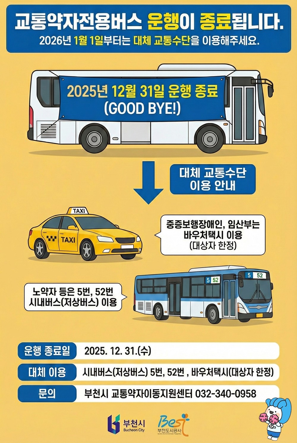 부천시, 교통약자전용버스 운행 종료…바우처택시 등 맞춤형 지원 확대