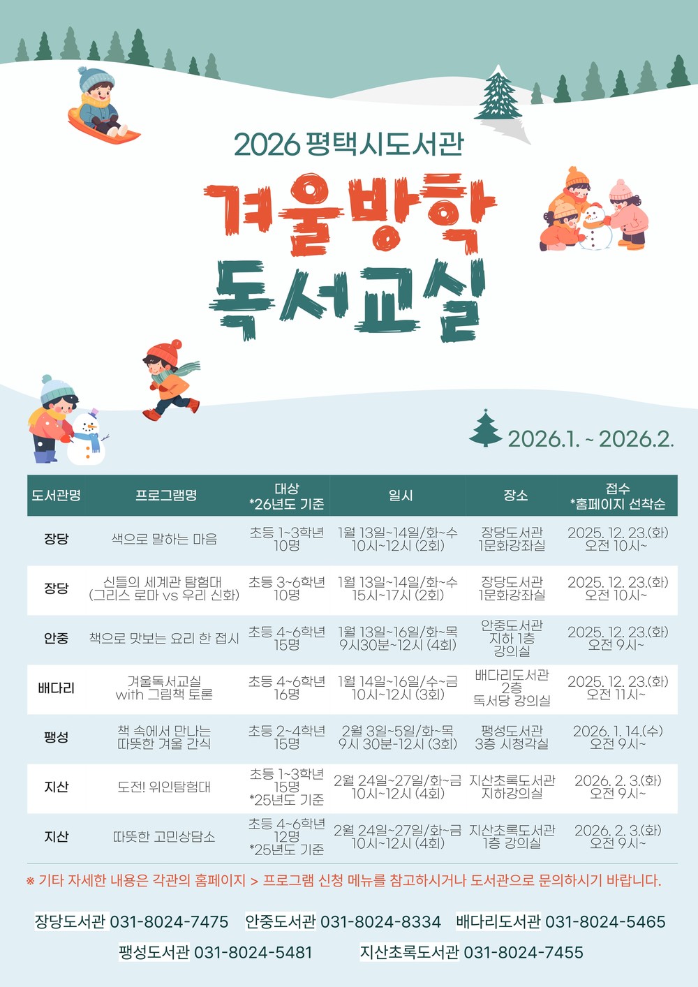 2026년 평택시 도서관 ‘겨울방학 독서교실’ 운영
