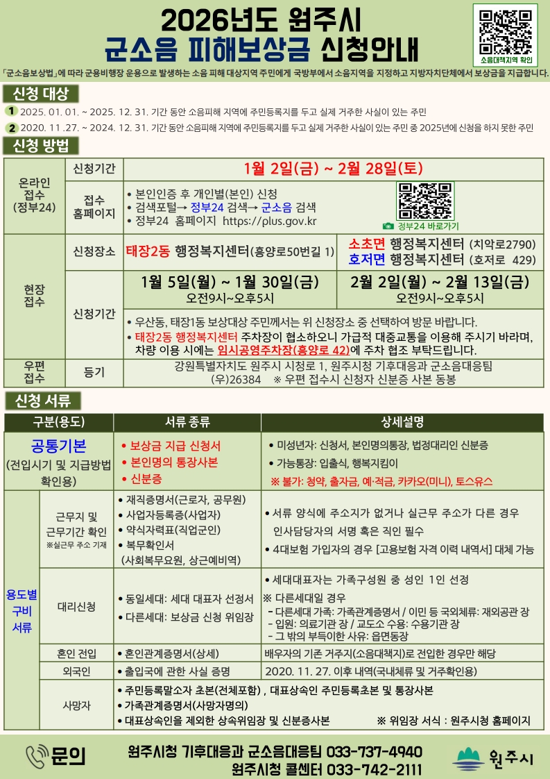 원주시, 내년 군소음 피해보상금 신청 접수