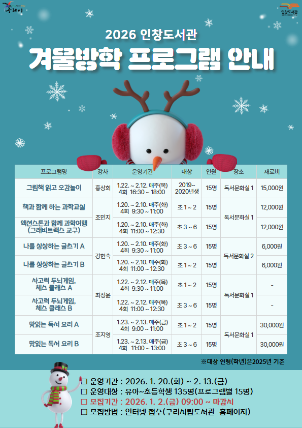 겨울방학이 더 즐거워진다! 구리시 도서관, 풍성한 겨울방학 특강 운영