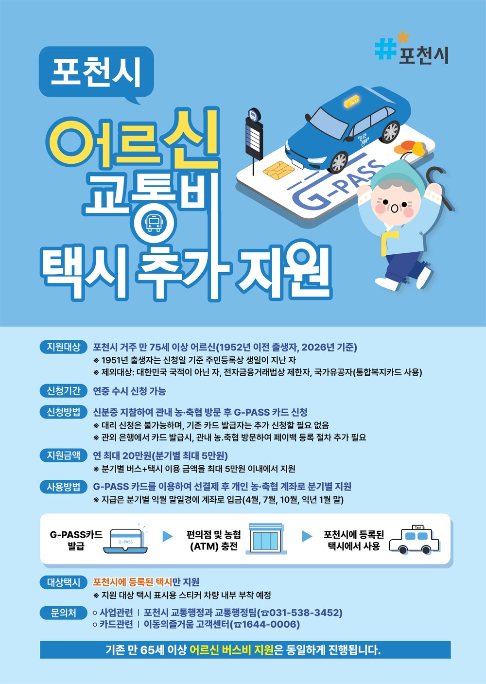 포천시 어르신 교통비 지원 확대…만 75세 이상 택시 이용까지 가능