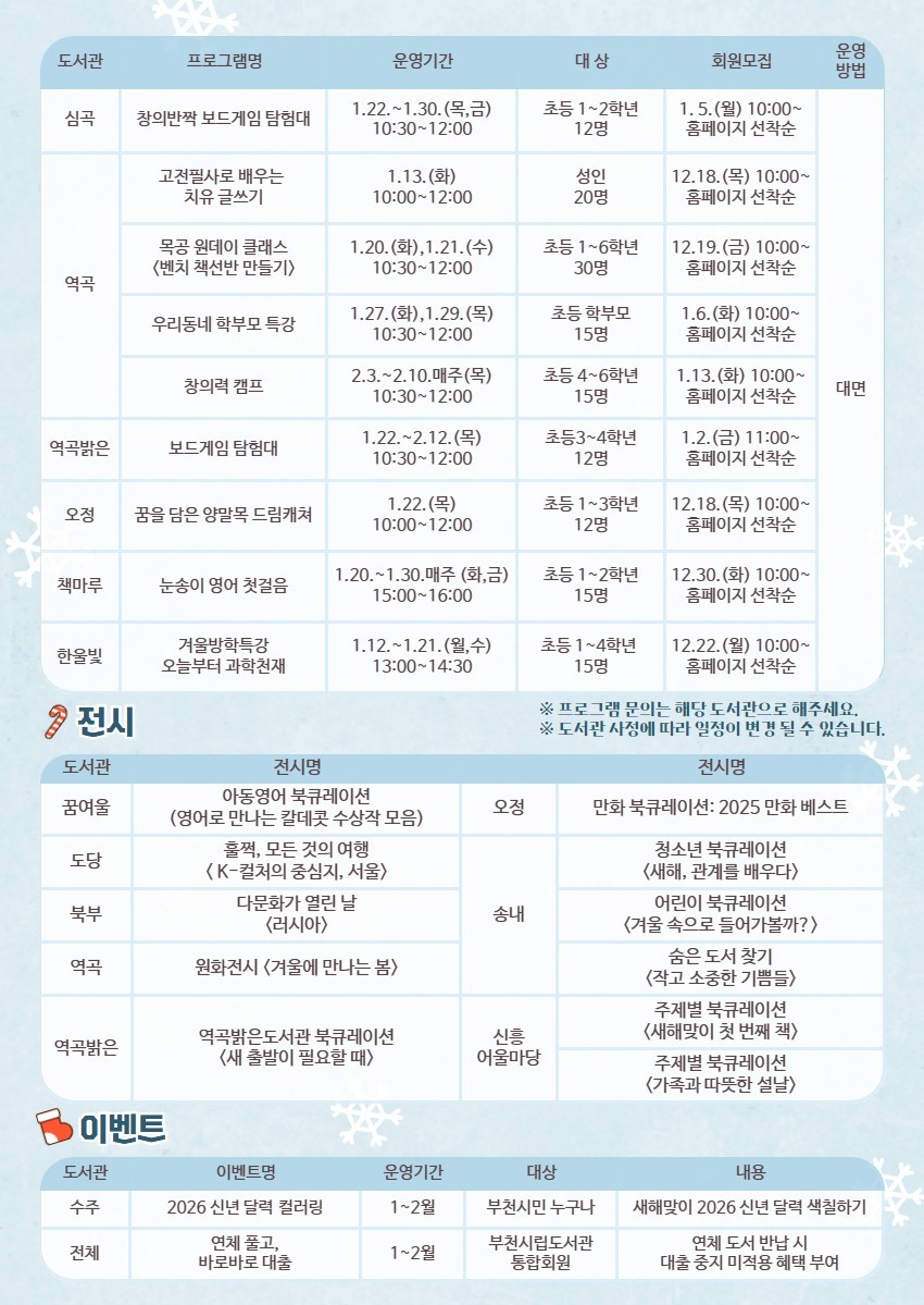 부천시립도서관, 겨울방학 맞아 독서문화 프로그램 운영