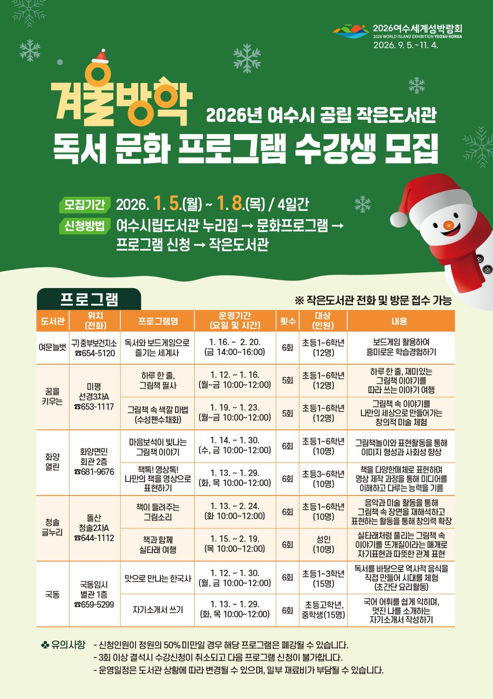여수시, 공립 작은도서관 ‘겨울방학 독서문화 프로그램’ 수강생 모집