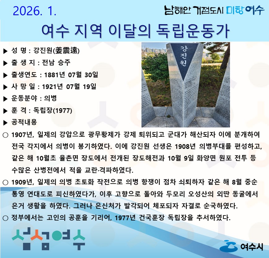 여수시, 2026년 1월의 독립운동가 ‘강진원(姜震遠)’ 선생 선정