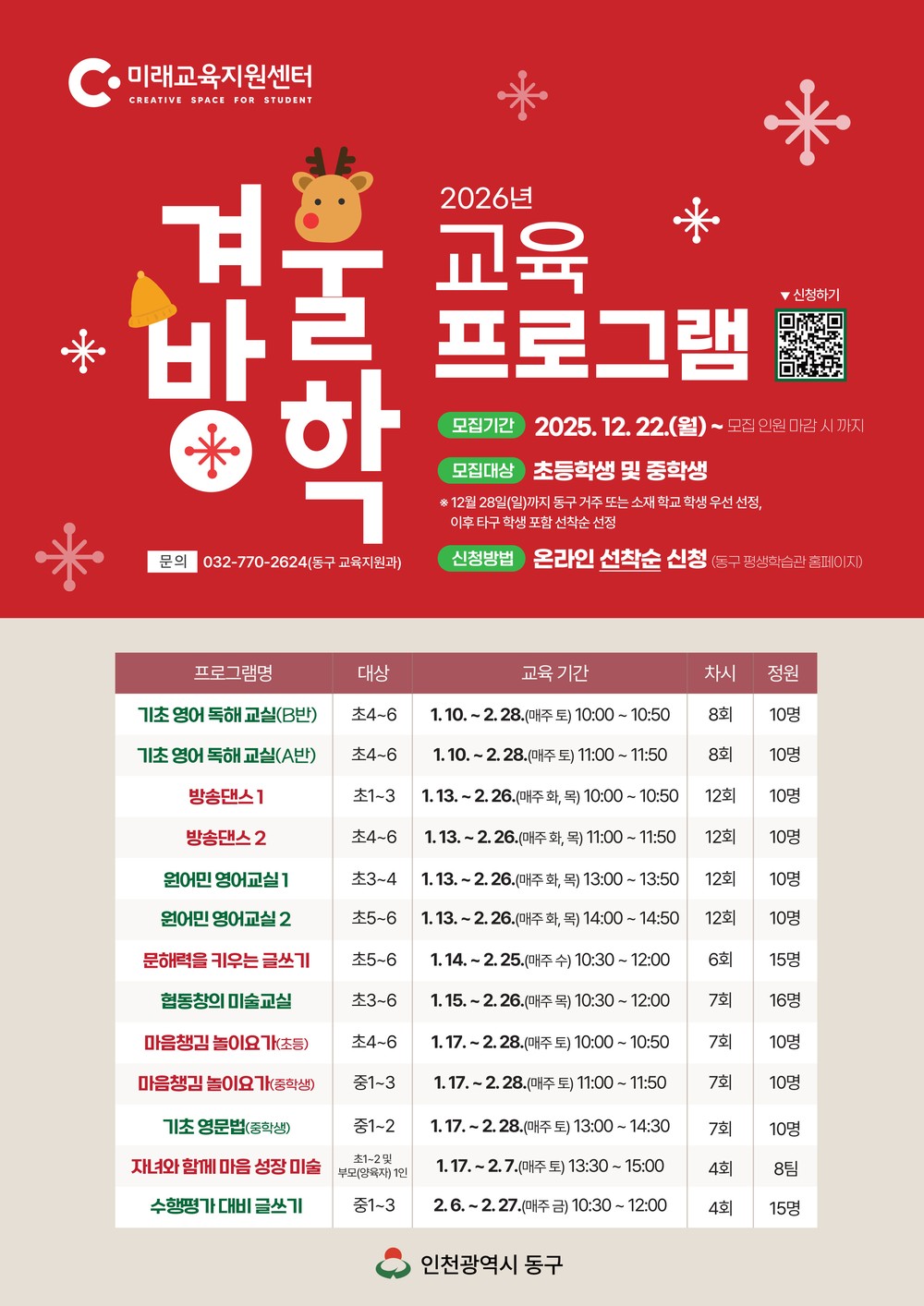 동구 미래교육지원센터, 겨울방학 초·중학생 맞춤형 교육 프로그램 운영
