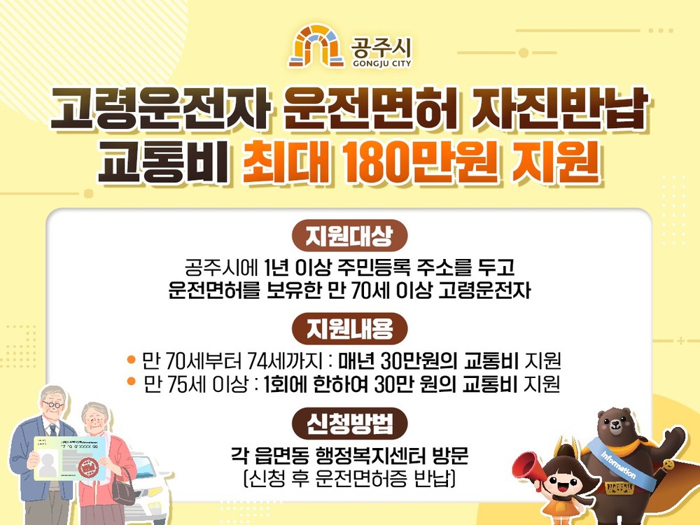 공주시, 고령운전자 운전면허 자진반납 교통비 최대 180만원 지원