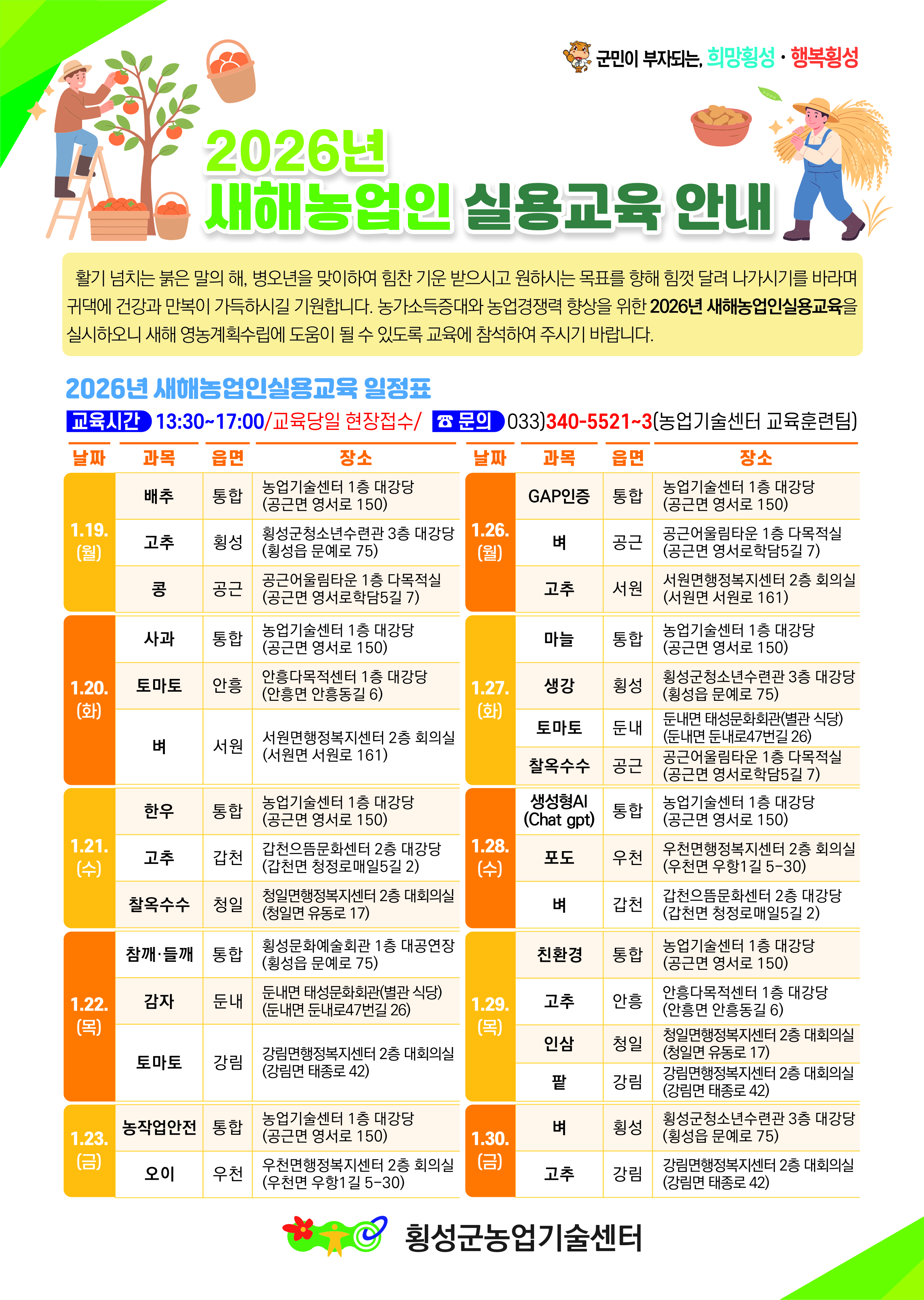 횡성군, ‘2026 새해 농업인 실용교육’ 실시…부자 농촌 실현 박차