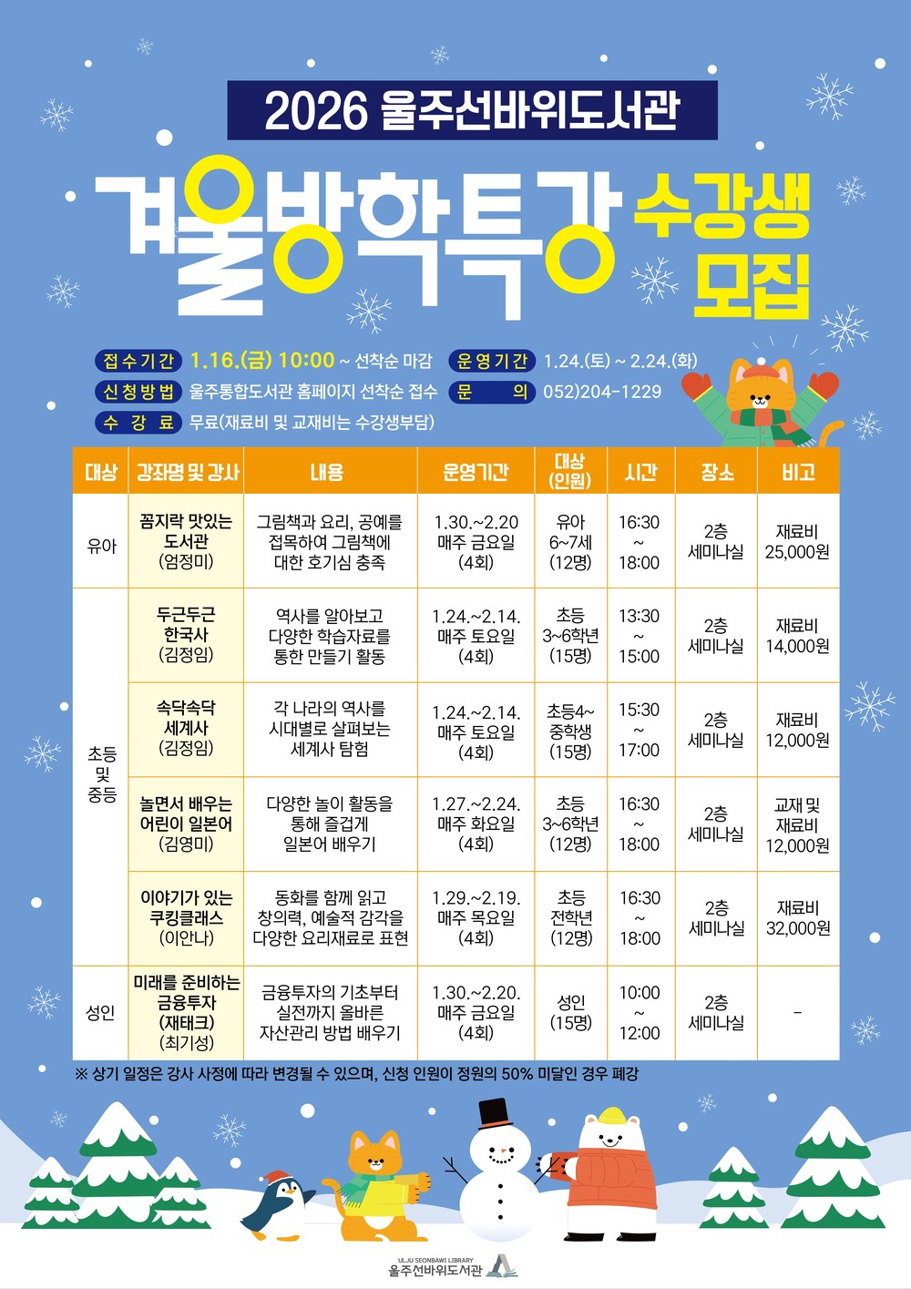 울주선바위도서관, 겨울방학특강 운영