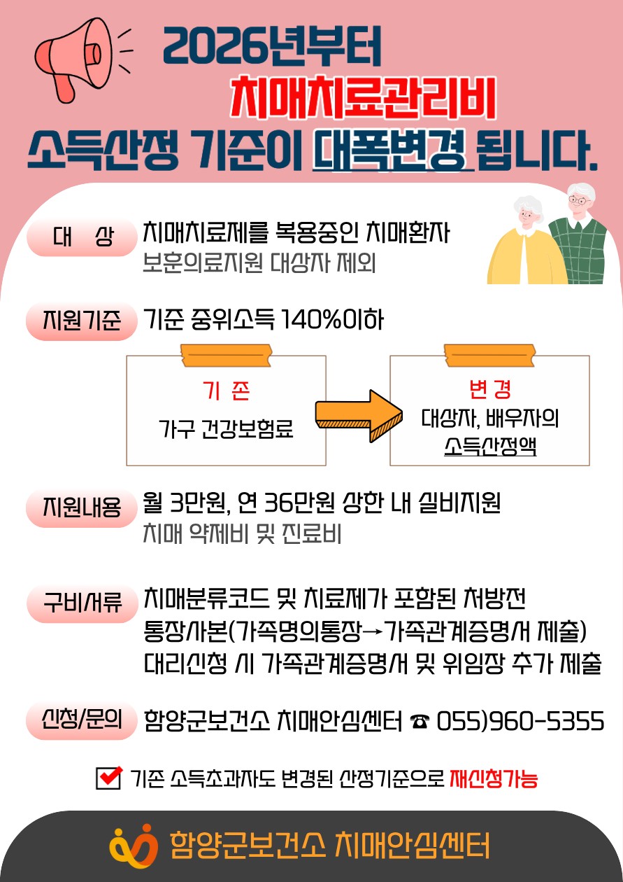 함양군, 2026년부터 치매 치료 관리비 소득 산정 기준 변경