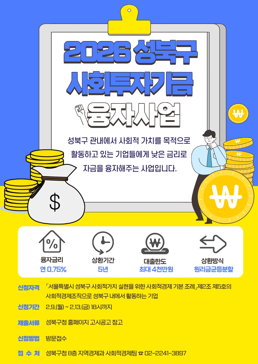 성북구, 사회적경제기업에 4억 규모 0.75% 초저리 융자 실시!
