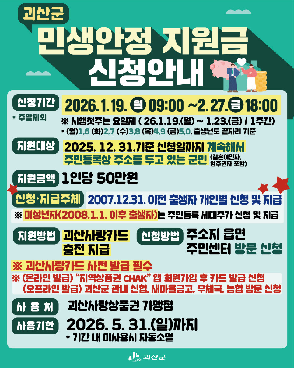 괴산군, 군민 1인당 50만 원 지급…19일부터 민생안정지원금 신청·접수