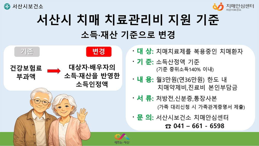 서산시, 치매 치료관리비 지원 대상자 ‘소득인정액’ 기준 선정