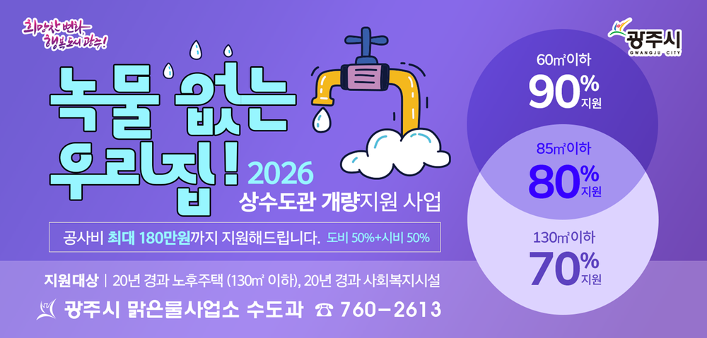 광주시, ‘녹물 없는 우리 집 수도관 개량 지원사업’ 추진…노후주택 최대 180만 원 지원